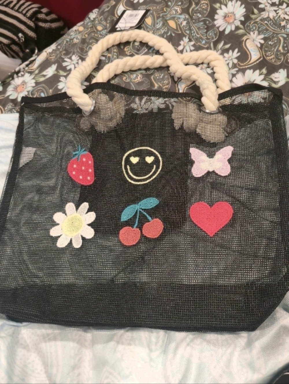 ❤️10/$13 New Beach Black Mesh Tote Bag with Rope Handles and Colorful Patches